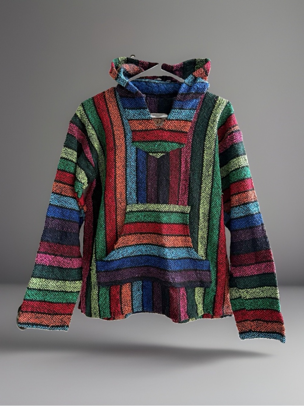 Earth Ragz Baja Hoodie Mens M Rainbow Striped Drug Rug Mexican Pullover Boho